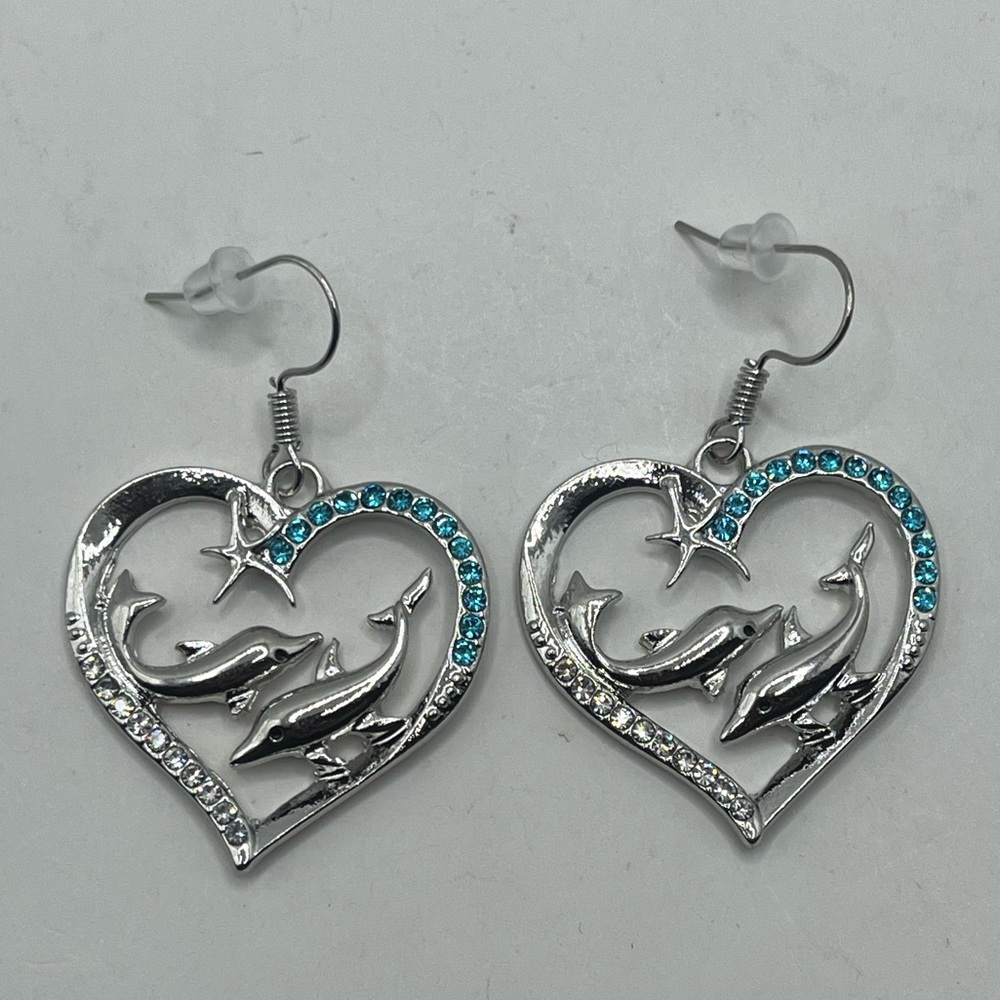 Silver and Blue Dolphin Heart Earrings